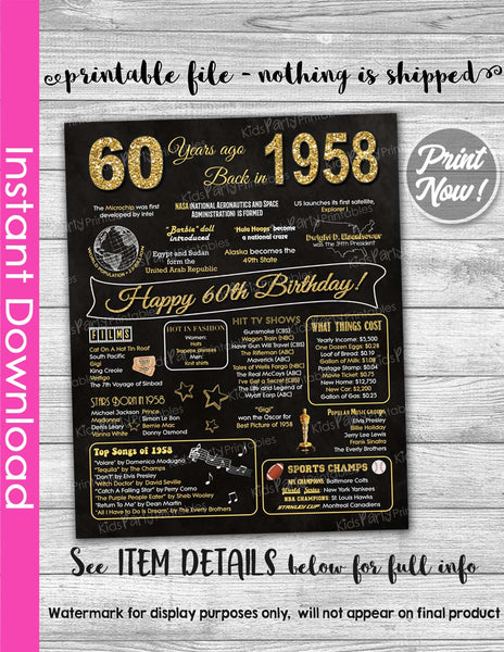 60th Birthday Gift, 60th Birthday Gifts for Women, Printable 60th Birthday Chalkboard Poster Sign Party Decoration 1958 Birthday Props Decor