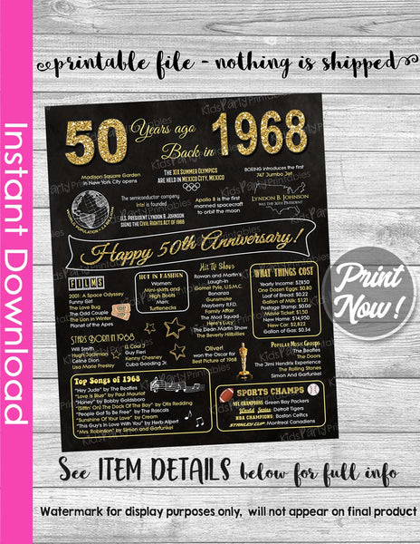 50th Anniversary Gifts DIGITAL DOWNLOAD 1968 50th Wedding Anniversary Gifts Chalkboard Poster Sign Party PRINTABLE, 50 Years of Marriage