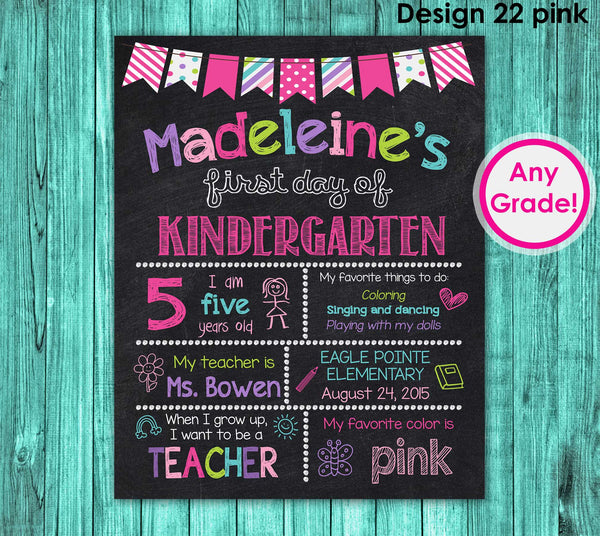 1st Day of School Sign Chalkboard Poster Printable, First Day of Kindergarten, Personalized Back to School Preschool ANY Grade